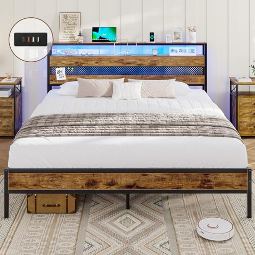 4ft6 Double Bed Frame with Wooden Headboard, Metal Platform Bed Frame with LED Lights and Charging Station,Sturdy Metal Slats Support, UnderBed Storage,Easy Assemble,No Mattress (Double-135x190cm)