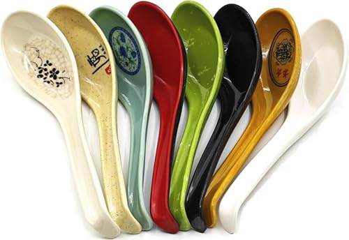 Asiatische Suppenlöffel, langer Griff mit Haken, 8 Farben, 16,5 cm, Suppenlöffel für Ramen, Wonton, Soba, Reis, Nudeln, Küche, Restaurant, Party, Geschenk, 8 Stück