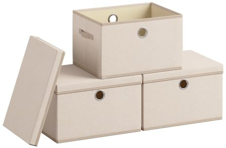 SONGMICS Cube Storage Boxes with Lids, 3 Pack Fabric Organiser Baskets | Odourless PP Sheets, Foldable and Stackable, with Handles, Summer Sand, TINA Collection RFB540LF01