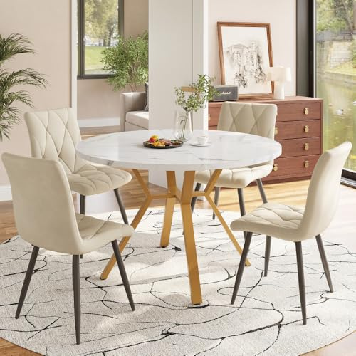 I0I&I0I rund matrumsset med marmorutseende bord och sammetsstolar, elegant matgrupp med stabilar metallbordsben och bekväma stoppade stolar för moderna vardagsrum (gyllene + MDF + metall)