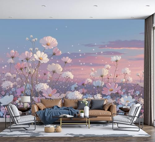 DLERFLOVR Papel Pintado Mar De Flores Silvestres Fotomurales Estilo De Ensueño Pegatinas de Hogar Rosa Claro Arte de Pared Decorativos Pared para Dormitorio Salón Pasillo Fondo de TV, 200x140cm