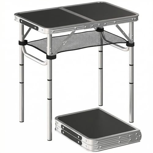 Outsunny Campingtisch, Netzfach, 4 Höhenstufen, 60 x 40 cm, Schwarz | Tragegriff, Gartentisch aus Aluminium, Leicht, Beistelltisch, Falttisch, für Garten Balkon Camping