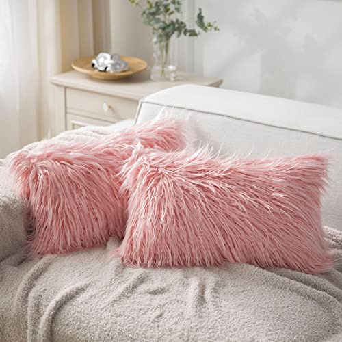 Phantoscope - Fundas de cojín lisas de pelo sintético, suaves y decorativas, para cama o sofá, rosa, 30 x 50 cm, paquete de 2 unidades
