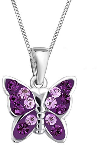 Goldene Hufeisen Kristall Schmetterling ANHÄNGER + 40cm KETTE 925 Echt Silber Mädchen Baby Kinder Halskette (2) Lila-Amethyst