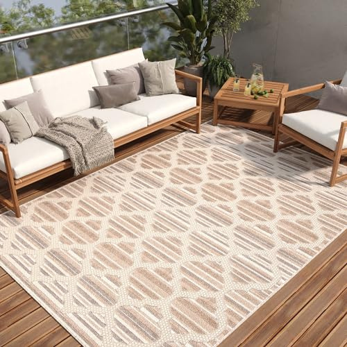 TAPISO Patio Teppich Indoor Outdoor Creme Beige Grau Marokkanisch Design Sisaloptik Wetterfest UV-beständig Terrasse Wohnzimmer ÖKO-TEX 80 x 150 cm | strapazierfähiger Teppich UV-beständig Flachgewebe Sisaloptik Robust Wetterfest Terrasse Wintergarten Balkon OEKO-TEX