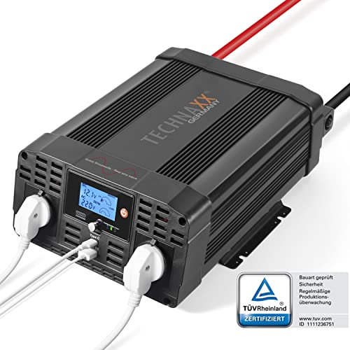 Technaxx KFZ Wechselrichter 12V auf 230V Reiner Sinus 2000W / 4000W – TÜV-zertifizierter Auto Spannungswandler mit LC-Display, 2x Schuko&USB-A QC 3.0 + USB-C – Inverter für Camping, Wohnmobil – TE22