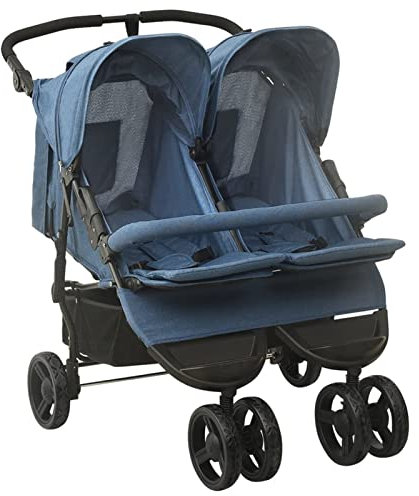 Susany Geschwisterwagen Zwillingswagen Kinderwagen Doppelkinderwagen Zwillingsbuggy Baby Kleinkinder Zusammenklappbar Marineblau Stahl