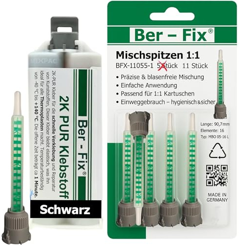 Ber-Fix 2K PUR Kleber schwarz 50g + 11 Düsen schnell flexibel Kunststof | 2K PUR Kleber schwarz 50g + 11 Mischdüsen schnell flexibel Kunststoff: Schwarzer 2K-PUR-Kleber für schnelle