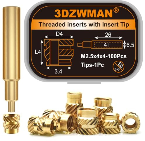 3DZWMAN 100PCS M2.5x4x4 Threaded Inserts for 3D Printed and Plastic Parts | Brass Metric Knurled Heat Set Insert Nuts with M2.5 Soldering Iron Tip Tools Kit