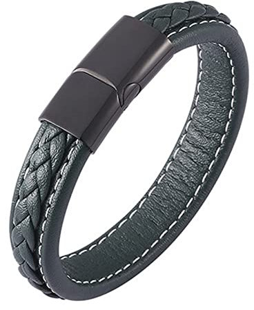 KnSam Herrenarmband Leder, PU Leder Bettelarmband Gewebt Armband Charms Edelstahl Handhandgelenk Kette Schwarz mit Magnet Verschluss, Länge 20.5CM Pärchen Geschenk