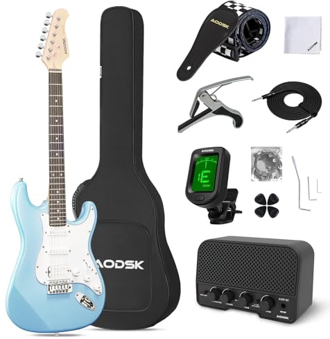 AODSK Electric Guitar with Amp Beginner Kit 39 Inch Solid Body Full Size,All Accessories,Digital Tuner,Six Strings,Four Picks,Tremolo Bar,Strap,Gig Bag,Starter kit (Blue-HSS)