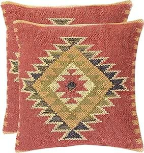 Indiskt handgjort 2 st set med handvävt indiskt Kelim kuddöverdrag 18 x 18 Boho etnisk shams juteörngott dekorativa jutefyrkantiga kuddfodral av Arise Export