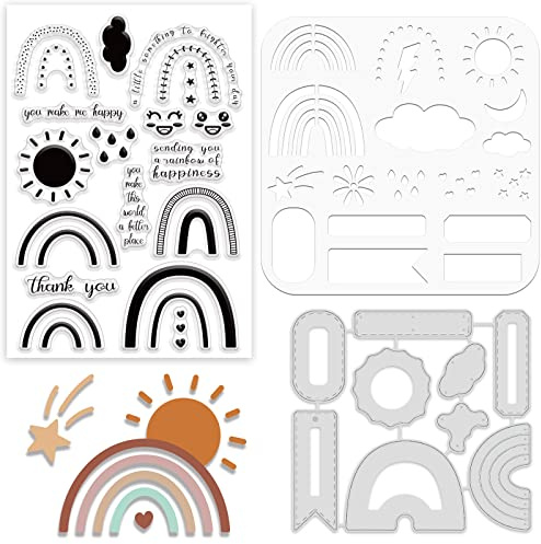 ORIGACH Regenbogen Stempel, Stanzen und Schichtfärbe-Schablonen Bundle | Wolken Stempel und Stanzformen Set, Stempels und Schablonen für die Kartenherstellung