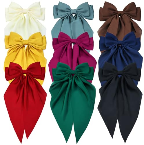 9 Pack Oversized Satin Hair Bows White Pink Red Blue Green Black Hair Accessories Bowknot with Long Tail Ribbon Giant Hair Bow Clips French Barrettes for Women Girls (Set 1 of Women Hair Bows)