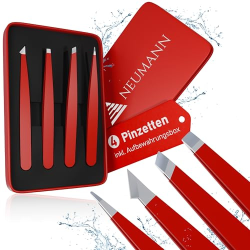 NEUMANN® Pinzetten-Set (rostfreier Edelstahl) zum entfernen von Augenbrauen und Haaren - Schrägpinzette, Spitzpinzette & mehr - Inkl. Aufbewahrungsbox [Rot]