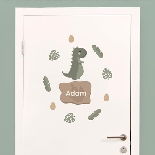 Klebekerlchen® Türaufkleber personalisiert mit Namensschild – Türschild Kinderzimmer & Babyzimmer Wandtattoo – selbstklebende Wandsticker - Kinderzimmer Deko Junge & Mädchen – T-Rex