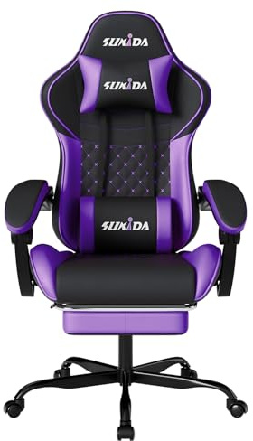 SUKIDA Gaming Chair, Ergonomic Computer Chairs with Footrest, Comfy Office Chair with Headrest, Massage Gaming Chair for Adult, Height Adjustable Pc Chair, 360° Swivel