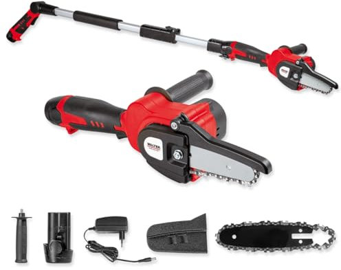 WALTER Kompakter Hochentaster. Verstellbare Teleskopstange. 12V Li-Ion Akku, Ladegerät und Zubehör. Stufenlose Höhenverstellung 155 und 220 cm. Mini Kettensäge, 95mm Schnittlänge, Brushless Motor