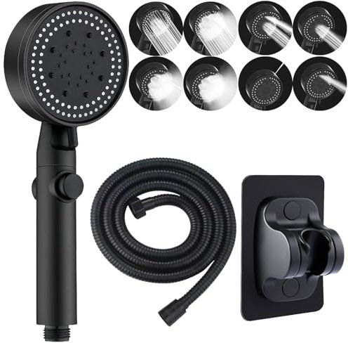 Duschbrause Mit Schlauch 2m Schwarz - Duschkopf Mit 8 Strahlarten, Halterung Und Stoppfunktion Für Badezimmern, Hotels Usw