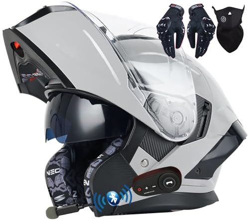 Bluetooth Casque Moto Modulable Anti-buée Visière Casques Scooter Chopper ECE Homologué Casques Intégraux Flip-Up Anti-Collision Casque Integral Moto pour Locomotive Homme Femme
