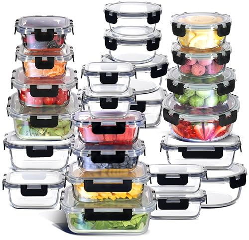 Nestl 24pc Glass Storage Containers with Lids, 12 Glass Food Storage Containers with 12 Airtight Lids for Pantry & Kitchen, Meal Prep Containers for Lunch, Oven Microwave & Dishwasher Safe, Black