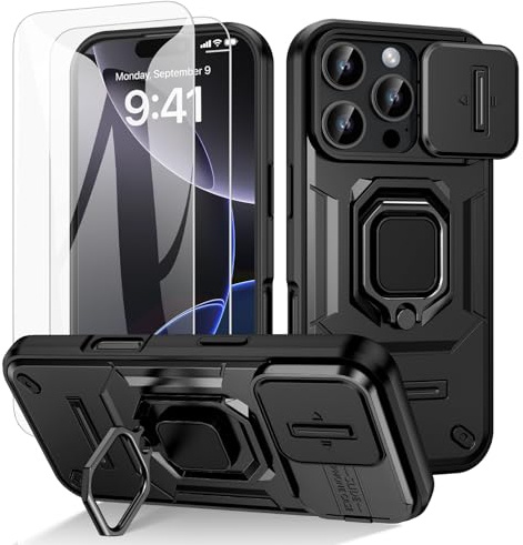 Doeshine Cover per iPhone 16 Pro, con 2 Vetro Temperato e Copertura Della Fotocamera Slide, Supporto Ad Anello 360°, Antiurto Custodia Militare Grado Shockproof per iPhone 16 Pro (Nero)