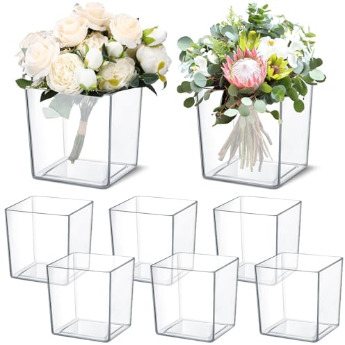 Tioncy 8 Pcs Clear Square Vase 5'' x 5'' Acrylic Flower Plastic Vases for Centerpieces Acrylic Cube Plastic Container Bulk Succulent Pots Planters for Plant Wedding Home Office Floral Decor