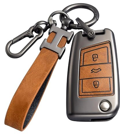 Autoschlüssel Hülle für VW Golf 7, Zinklegierung, 3 Tasten, kompatibel mit MK7, Polo, T-ROC, Tiguan, Skoda, Superb, Octavia, Seat, Leon, Ibiza, Braun (Brauner Schlüsselkasten)