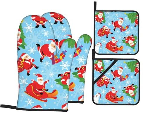 Ofenhandschuhe und Topflappen-Set, Weihnachtsmannschlitten, Baum, hitzebeständig, Küchen-Backhandschuhe, rutschfeste Oberfläche zum Kochen, Backen, Grillen, Grillen