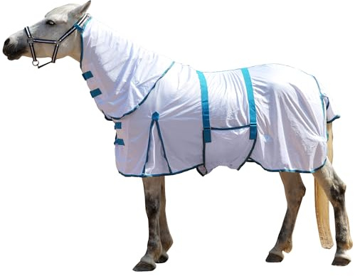 Gallopoff Coperta per mosche con collo – Coperta estiva traspirante con protezione UV e anti-sfregamento, chiusura toracica regolabile, cinghie addominali, corde per gambe e coda bianca 110 cm