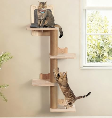 LitaiL Wandkratzbaum für Katzen bis 20KG, Vier stöckig, 110 cm hoch, Kratzbaum Wandmontage aus Echtholz, Kratzbaum Wand mit 4 Plattformen, Katzen wandelemente, Farbe in Grau