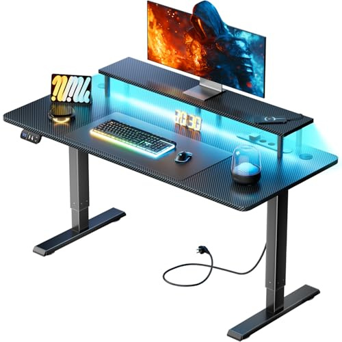 HLONONE Höhenverstellbarer Schreibtisch mit LED und Steckdose, Gaming Tisch