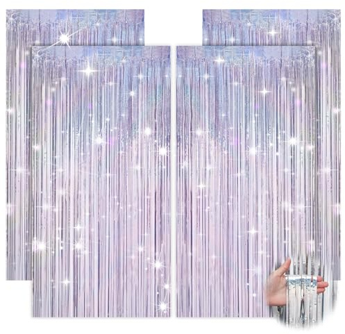 4 Stück Glitzer Vorhang, Lametta Vorhang Silber, Glitzer Metallic Folie Fransen Glitzervorhang, Luftschlangen für Jugendweihe Discokugel Deko Party Deko 18. Geburtstag Geburtstagsdeko