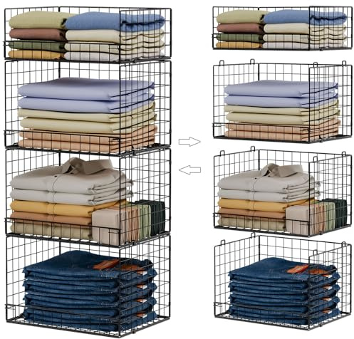 4 Tier Stackable Closet Organizers and Storage Shelves, Foldable Closet Shelf Organizer System, Stackable Storage Bins Drawers for Clothes Organizer System, Black(Patent No. 30022416)