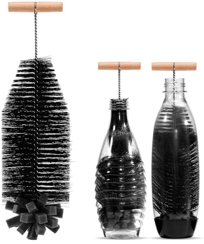 vinlley Die 35 cm Bürste ist ideal für Sodastream-Glas- und Duo-Kunststoffflaschen. Sie hat Harte Borsten und einen weichen Schwamm, reinigt kraftvoll, ohne die Flasche zu beschädigen, 2 Pack Schwarz