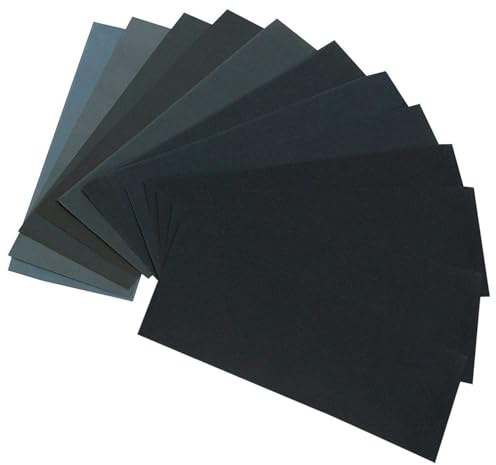 12 Pcs Wet and Dry Sandpaper Sheets Kit 800/1200/1500/2000/3000/5000 Grit (2 Each) 9x3.6 Inch Fine Coarse Sand Paper for Metal Wood Walls Automotive Polishing
