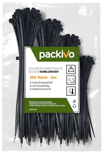 200 Stück Kabelbinder Schwarz Set -100/150/200/300 mm - jeweils 50 Stück, Sortiment Nylon Verschiedene Größen Haltbar Kabelbinder für Kabelmanagement,Gartenarbeit,Wohnen,Werkstätten, Auto