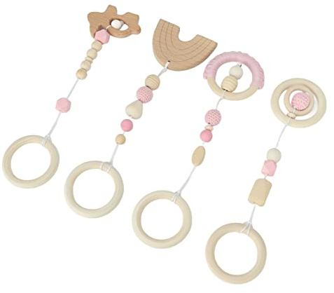 SIXRUN Aufgehängte Spielzeug in Einem Exquisiten Holzanhänger mit 4 Farbstücken für -Fitnessstudio, den Autositz, der Kinderwagen, in Buchenholz für Kleine (PINK)