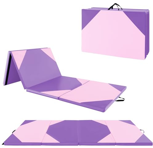 GOPLUS Tapis de Gym Epais 4 Panneaux Pliable, 300x117x5 CM, Fermeture Auto-agrippante Combinaisonable, Tapis de Fitness en PU Antidérapant avec Poignée de Transport, pour Yoga, Arts Martiaux, Aérobic