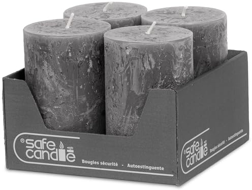 DecoLite Stumpenkerzen Rustik 11 x 7 cm 4er Set, 51h, Anthrazit | Made in Germany, RAL-zertifiziert, durchgefärbte Rustik Kerzen, ruß- & tropffrei, für Hochzeit & Gastronomie, selbstlöschend