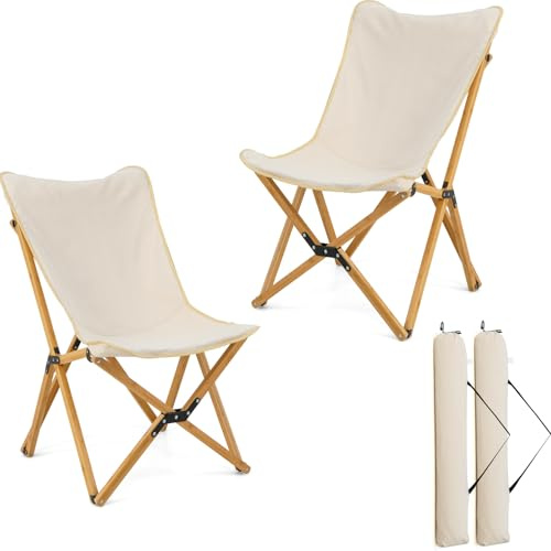 KOMFOTTEU Uppsättning av 2 solstol, trädgårdsstol med sidoficka, fällstol av bambu, hopfällbar stol med bärväska, strandstol upp till 150 kg, dörr camping, fiske (beige)