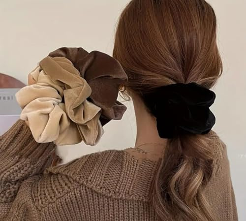 Set 4 Elastici Grandi Elegante in Velluto per Capelli, Marrone, Nero, Beige e Cachi