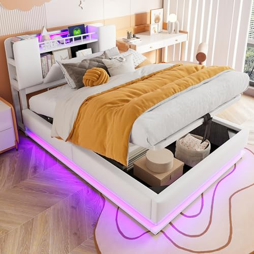Kebnor Smartes Polsterbett für Kinder, mit LED-Beleuchtung, USB-Anschluss und hydraulischem Stauraum, weichem Samtbezug, Metallrahmen (Beige, 90 x 200 cm)
