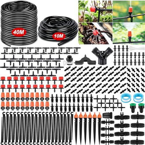 JUQG 40m+10mSistema de Riego Jardín, 299 Pcs Sistema de Riego por Goteo, Jardín de Vegetales Sistema de Riego Automático de Bricolaje, Adecuado para Jardines, Céspedes, Mmacetas y Granjas