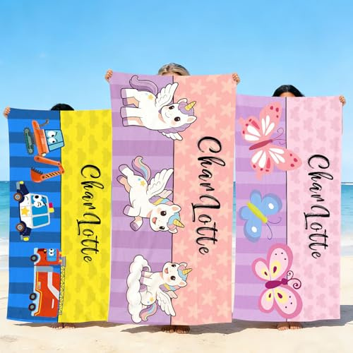 MRYAWXBK Personalised Beach Towels for Kids, 8-Pattern Cute Custom Beach Towels with Name, Ultra Absorbent Customised Bath Swimming Pool Towels Boys Girls