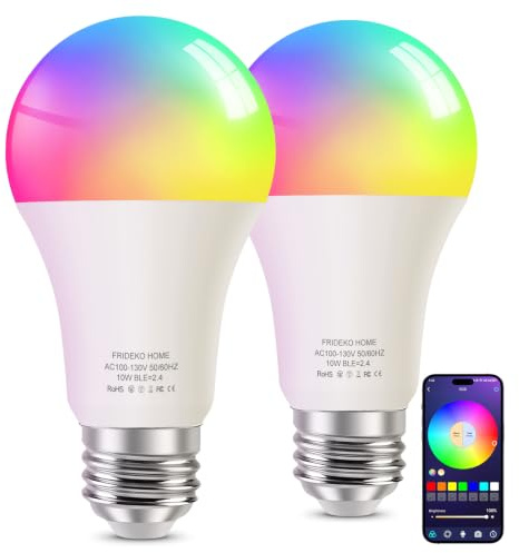 FRIDEKO HOME Smart RGBCCT Light Bulb,10W, 900LM,2 Pack | Bluetooth Light Bulbs, LED Color Changing Light Bulb Work with APP Control, E27 Dimmable Lightbulbs