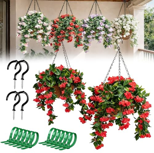 Liocwocne 15 Faux Crepe Myrtle Artificial Hanging Baskets Outdoor-Set of 2, UV Resistant Hanging Basket with Artificial Flowers, Realistic Fake Plants for Patio, Porch & Home Decor (Red,2 pcs)