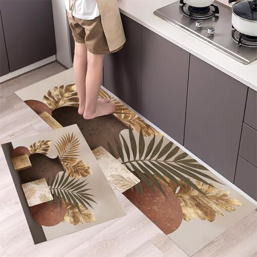 Set Di 2 Tappeti Da Cucina Antifatica 45x75cm+45x150cm, Tappetini Da Cucina Vaso Di Terracotta Monstera Deliziosa, Antiscivolo Tappeto Decorazioni Stile Nordico Vintage Lavabile per Ingresso, Marrone