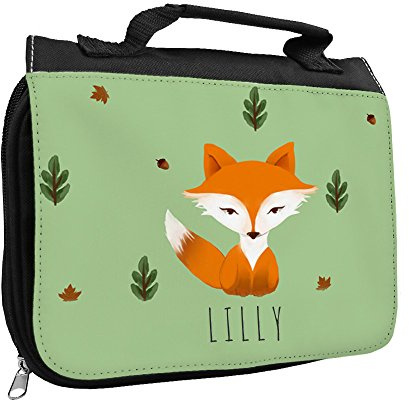 Kulturbeutel mit Namen Lilly und schönem Fuchs-Motiv für Mädchen | Kulturtasche mit Vornamen | Waschtasche für Kinder