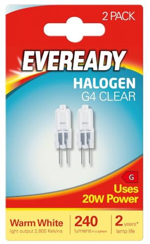 2 x Eveready G4 20W 12V Halogen Capsule Light Bulbs, Dimmable Lamps, 240 Lumen, 2000 Hours Life, Clear Finish
